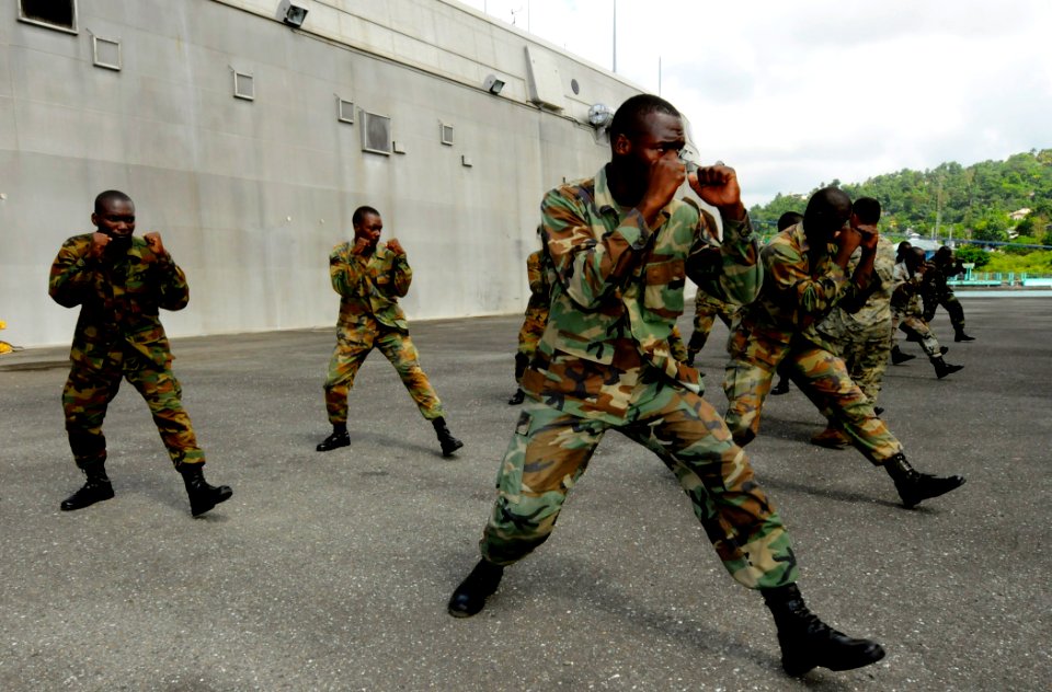 US Navy 100510-N-9643W-429 Members of the Jamaica Defense Force participate in the practical portion of the Marine Corps Martial Arts program with Marines embarked aboard Swift (HSV 2)
