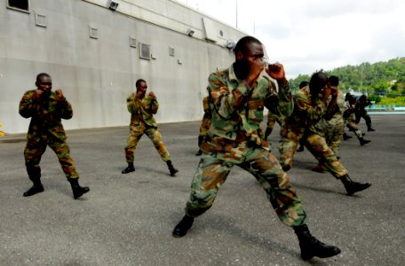 US Navy 100510-N-9643W-429 Members of the Jamaica Defense Force participate in the practical portion of the Marine Corps Martial Arts program with Marines embarked aboard Swift (HSV 2)