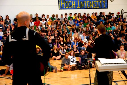 US Navy 100514-N-0869H-023 The U.S. Navy Band rock ensemble, Northwest Passage, performs for students at Deer Park High School during Spokane Navy Week photo