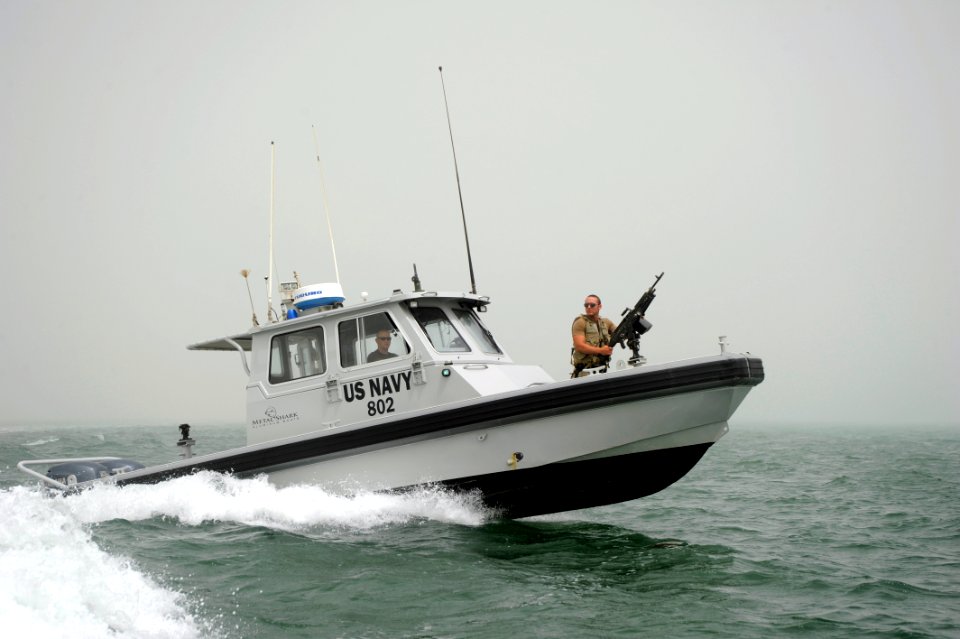 US Navy 100514-N-4776G-005 A harbor patrol boat assigned to Naval Security Force Bahrain conducts a patrol mission