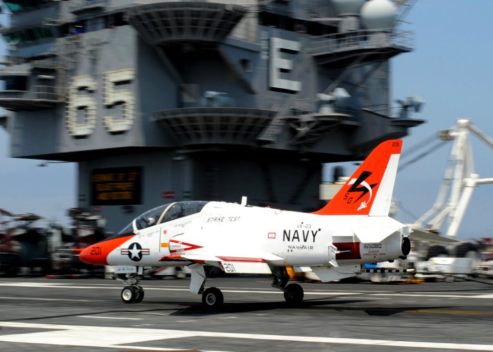 US Navy 100514-N-3620B-003 A T-45C Goshawk test aircraft assigned to the Salty Dogs of Air Test and Evaluation Squadron (VX) 23 lands aboard the aircraft carrier USS Enterprise (CVN 65)
