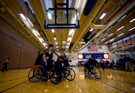 US Navy 100511-N-6932B-318 Navy looses (10 to 15) to Army in their first preliminary wheelchair basketball game at the inaugural Warrior Games at the U.S. Olympic Training Center in Colorado Springs, Colo