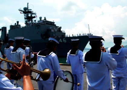 US Navy 100513-N-3446M-097 The Royal Thai Navy Band plays as the amphibious dock landing ship USS Tortuga (LSD 46) pulls into Sattahip, Thailand