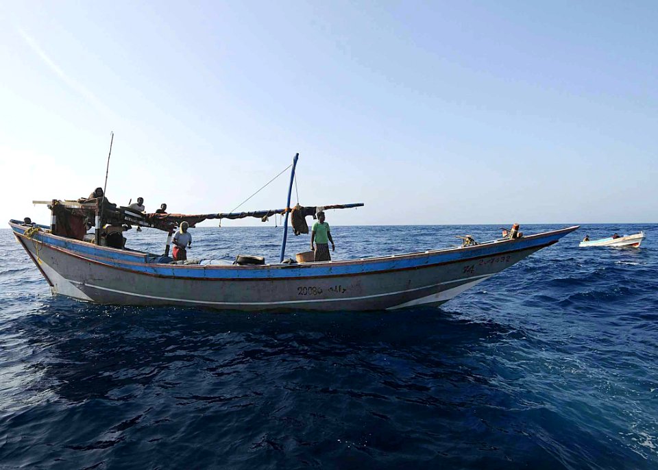 US Navy 100513-N-1082Z-010 A fishing dhow is engaged by a visit, board, search and seizure team from the amphibious dock landing ship USS Ashland (LSD 48)
