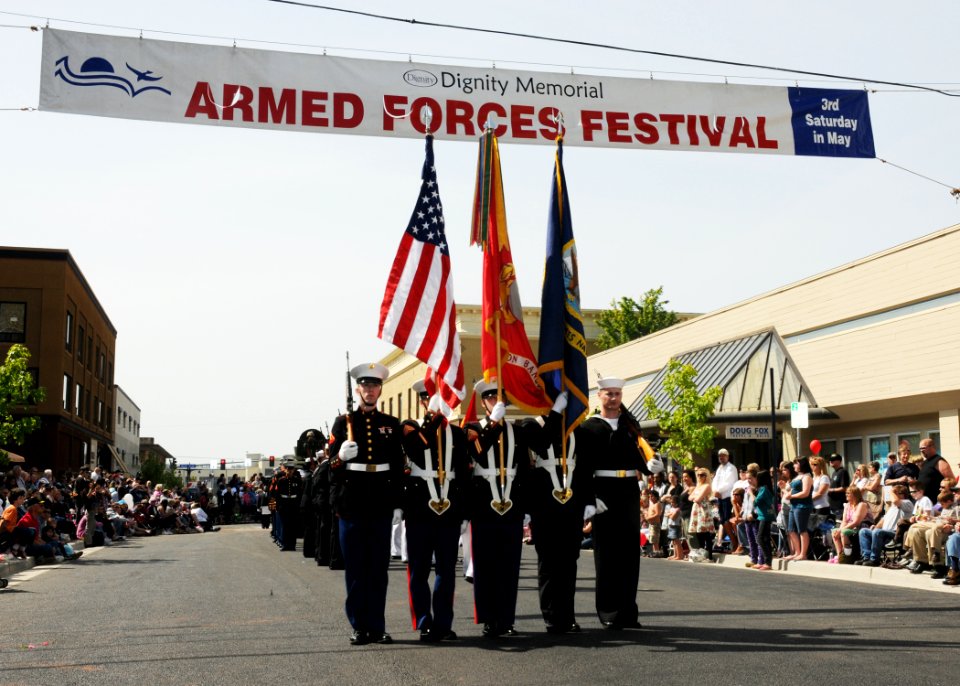 US Navy 100515-N-4649C-005 Sailors and Marines assigned to Marine Corps Security Forces Battalion march in the 62nd annual Dignity Memorial Armed Forces Day Parade in Bremerton, Wash