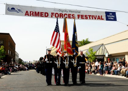 US Navy 100515-N-4649C-005 Sailors and Marines assigned to Marine Corps Security Forces Battalion march in the 62nd annual Dignity Memorial Armed Forces Day Parade in Bremerton, Wash