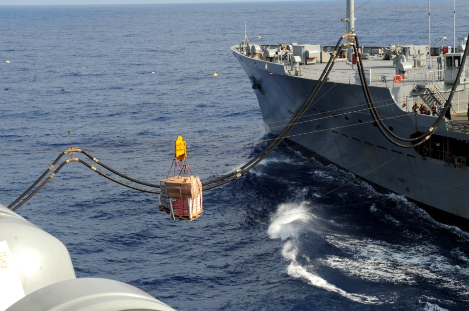 US Navy 100519-N-5838W-015 The Military Sealift Command fleet replenishment oiler USNS Kanawha (T-AO 196) performs a connected replenishment with the aircraft carrier USS Enterprise (CVN 65)