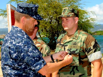 US Navy 100514-N-3666S-052 Rear Adm. Dixon Smith presents the Bronze Star medal to Explosive Ordnance Disposal Technician 1st Class Robert Moses