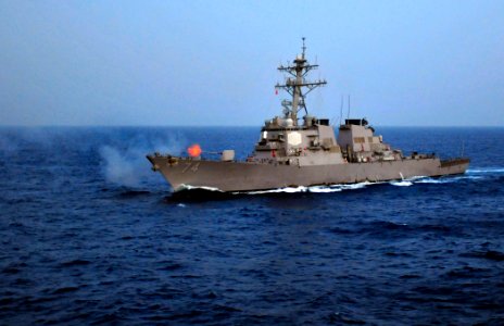 US Navy 100514-N-3595W-001 The guided-missile destroyer USS McFaul (DDG 74) fires its MK-45 5-inch-54-caliber lightweight gun