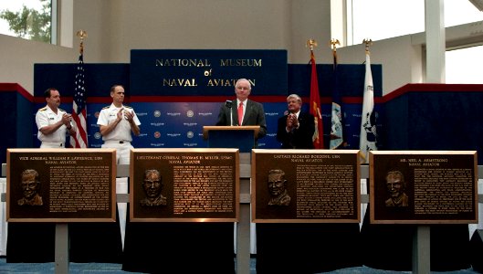 US Navy 100514-N-3852A-003 Former astronaut Neil Armstrong gives an acceptance speech after being inducted into the Naval Aviation Hall of Honor at the National Naval Aviation Museum in Pensacola, Fla