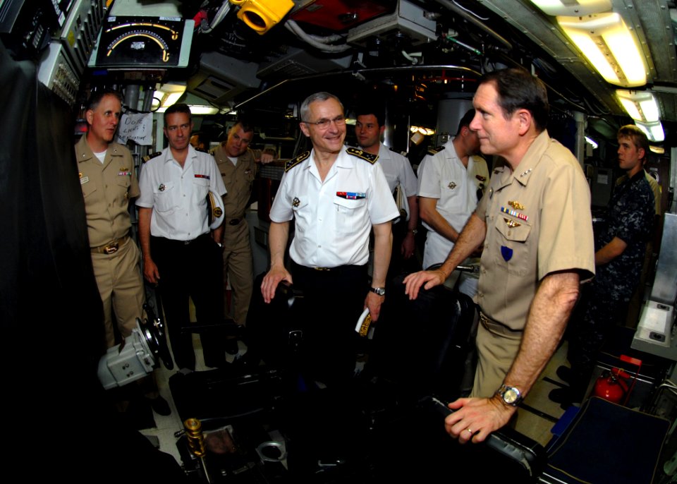 US Navy 100514-N-7705S-062 Vice Adm. John J. Donnelly shows Vice Adm. Jean-Francois Baud the control room aboard USS Scranton (SSN 756)