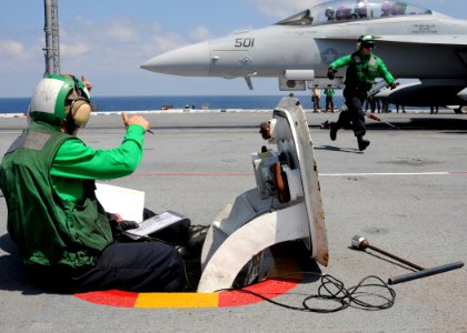 US Navy 100520-N-6509M-222 Sailor gives the thumbs up for launch to an F-A-18F Super Hornet photo