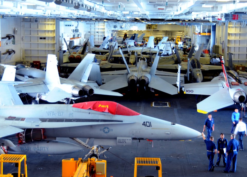 US Navy 100520-N-8913A-048 Aircraft from Carrier Air Wing (CVW) 8 are stored in the hangar bay aboard USS George H.W. Bush (CVN 77)