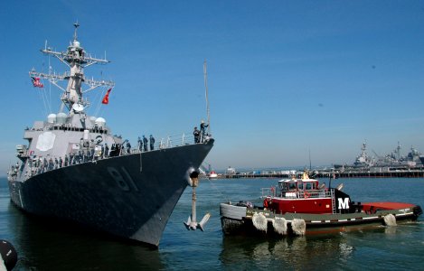 US Navy 100521-N-9806M-136 Line handlers stand by to remove the mooring lines from the guided-missile destroyer USS Winston S. Churchill (DDG 81) before the ship departs Naval Station Norfolk