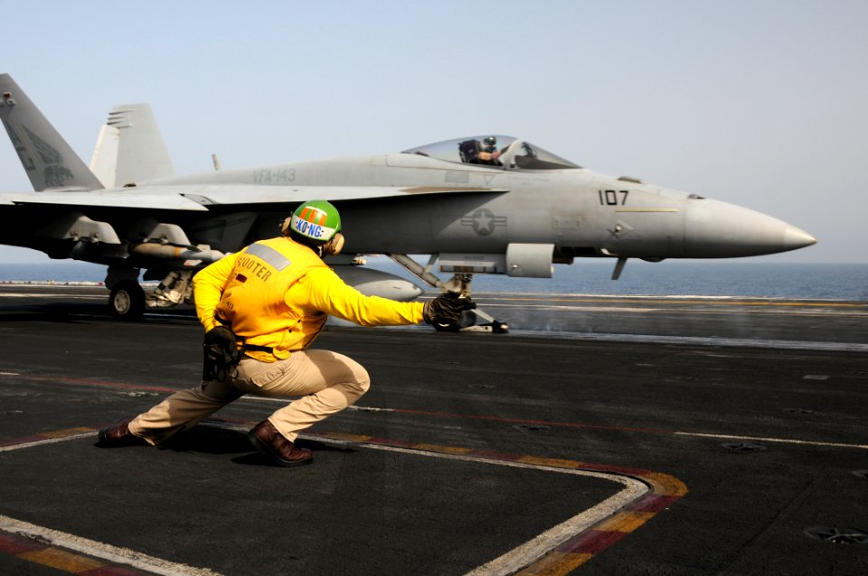 US Navy 100518-N-4236E-261 Lt. Michael Mosi launches an F-A-18E Super Hornet assigned to the Pukin Dogs of strike fighter squadron (VFA) 143 from the aircraft carrier USS Dwight D. Eisenhower (CVN 69)