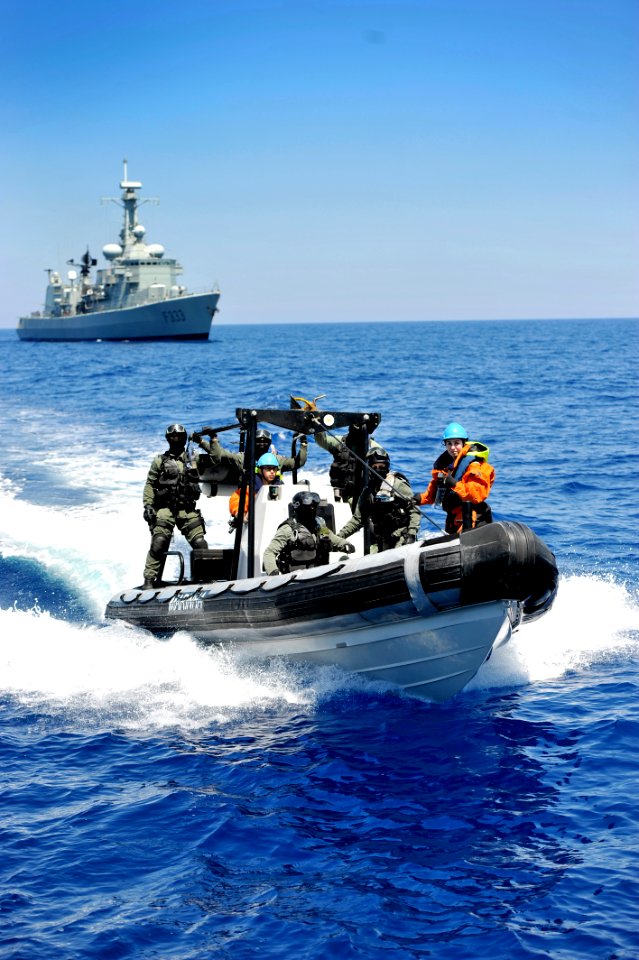 US Navy 100521-N-3674H-177 Spanish marines depart the Spanish navy Descubierta-class corvette SPS Infanta Elena (P 76) during a visit, board, search and seizure (VBSS) drill