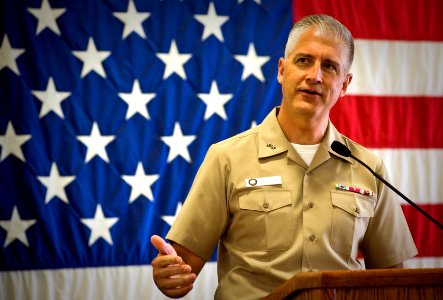 US Navy 100519-N-0807W-029 Rear Adm. Tom Meek holds an all hands call