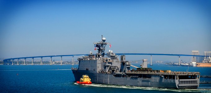 US Navy 100520-N-4378P-024 The amphibious dock landing ship USS Perl Harbor (LSD 52) departs homeport at San Diego for a 2010 deployment to the western Pacific Ocean