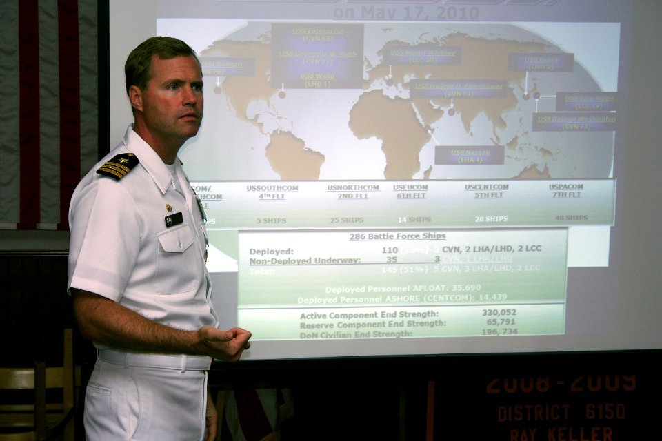 US Navy 100524-N-6220J-387 Cmdr. Michael Neuser gives a presentation on the Navy's global maritime strategy to members of the North Little Rock Riverside Rotary Club during the kickoff of Little Rock Navy Week 2010