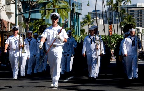 US Navy 100522-N-7498L-112 Sailors assigned to the U.S. Pacific Fleet Band march on Kalakaua Ave. during the Aloha to the Military Ohana celebration and parade