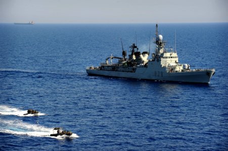 US Navy 100527-N-3136P-057 Two rigid-hull inflatable boats operated by the Spanish Navy transfer members of a visit, board, search and seizure team to the Military Sealift Command