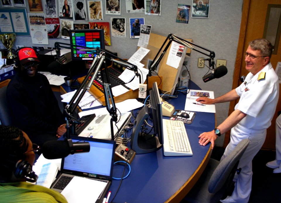 US Navy 100524-N-6220J-121 Rear Adm. Raymond P. English fields questions during a radio interview on KOKY-FM's Broadway Joe Booker Show during the kickoff day of Little Rock Navy Week 2010