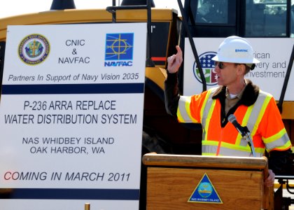 US Navy 100524-N-9860Y-006 Rear Adm. James Symonds, commander of Navy Region Northwest, delivers remarks during a groundbreaking ceremony to commemorate the start of a water distribution replacement project