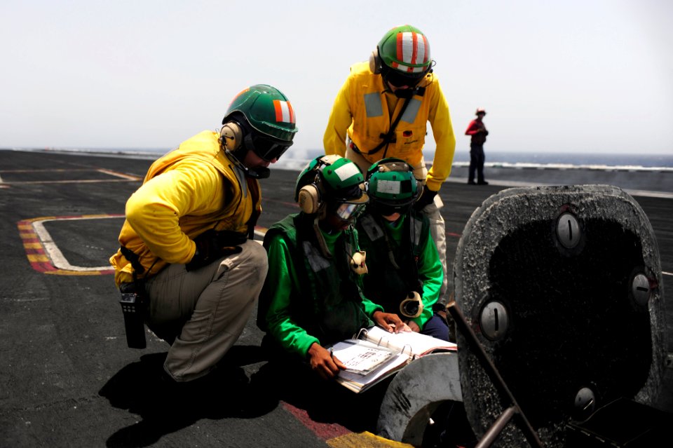 US Navy 100525-N-6604E-669 Sailors verify wind requirements are met prior to launching from USS Dwight D. Eisenhower (CVN 69)