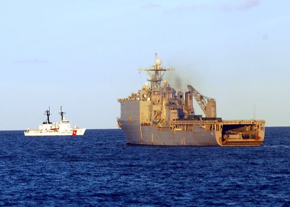 US Navy 100528-N-0995C-364 U.S. Coast Guard cutter Mellon (WHEC 717) and the amphibious dock landing ship USS Tortuga (LSD 46)