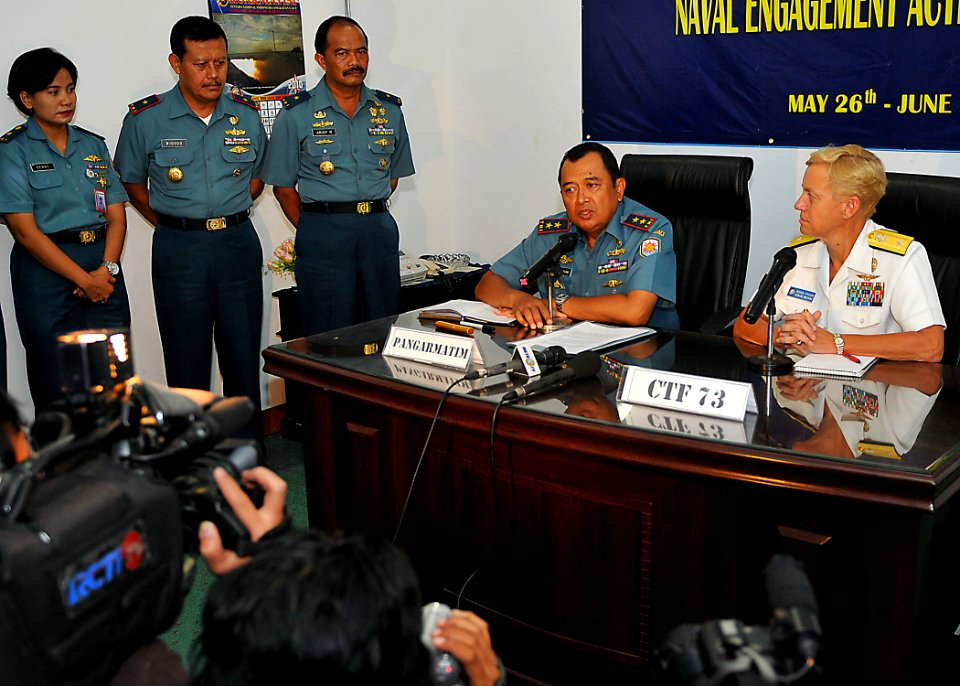 US Navy 100526-N-7643B-172 Rear Adm. Nora Tyson and Rear Adm. Among Margono speak with local media during a press conference following the opening ceremony for Naval Engagement Activity Indonesia 2010