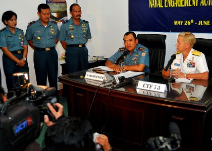 US Navy 100526-N-7643B-172 Rear Adm. Nora Tyson and Rear Adm. Among Margono speak with local media during a press conference following the opening ceremony for Naval Engagement Activity Indonesia 2010