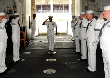US Navy 100529-N-7680E-010 Vice Adm. Mel Williams Jr., commander of U.S. 2nd Fleet, comes aboard the multi-purpose amphibious assault ship USS Iwo Jima (LHD 7)