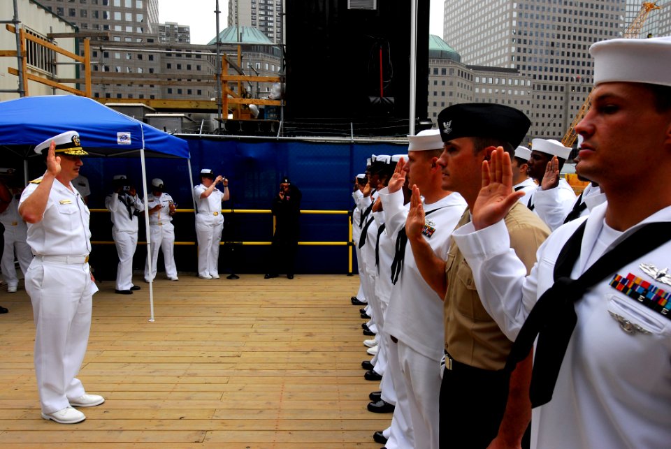 US Navy 100527-N-3154P-067 Rear Adm. Mark Boensel, commander of Navy Region Mid-Atlantic, gives the oath of enlistment to sailors during a re-enlistment ceremony at the World Trade Center site