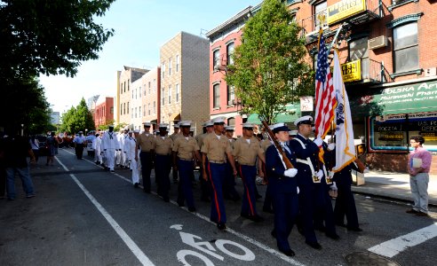 US Navy 100530-N-6676S-020 Coast Guard Sector New York, Staten Island color guard members lead Marines and Sailors the 10th annual Greenpoint Veteran's Day parade