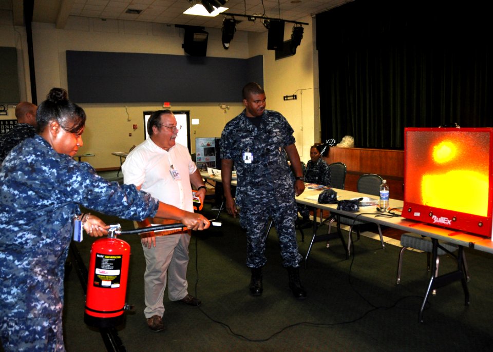 US Navy 100527-N-8241M-002 Culinary Specialist 2nd Class Cora Udell, assigned to the U.S. Navy Hospital Guantanamo Bay, operates a CO2 fire extinguisher simulator at the Naval Station Guantanamo Bay, Cuba bi-annual Safety Stand