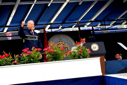 US Navy 100528-N-8273J-337 Vice President Joe Biden cheers on the graduating class during the U.S. Naval Academy Class of 2010 graduation and commissioning ceremony