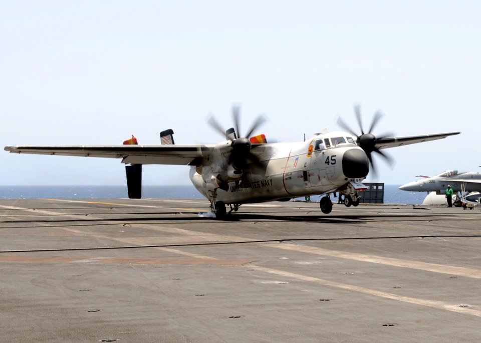 US Navy 100530-N-4236E-420 A C-2A Greyhound catches the arresting cable aboard USS Dwight D. Eisenhower (CVN 69)