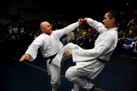 US Navy 100605-N-5712P-132 Lt. John Stahley, from Los Angeles, kicks Fireman Ra-yan Alarca, from Agana, Guam, during a Kyokushin Kata martial arts demonstration