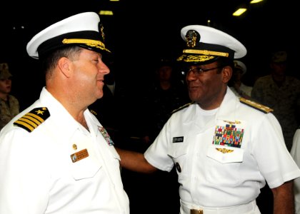 US Navy 100529-N-7680E-013 Vice Adm. Mel Williams Jr., commander of U.S. 2nd Fleet speaks to Capt. Jeff Amick, commanding officer of the amphibious assault ship USS Iwo Jima (LHD 7)
