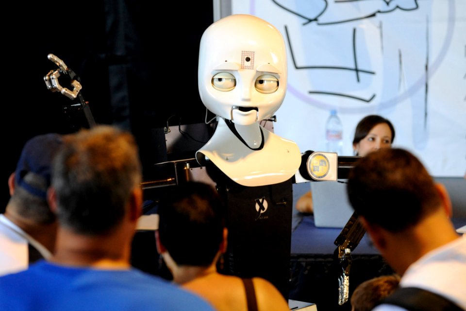 US Navy 100531-N-7676W-075 Visitors interact with the mobile, dexterous, social (MDS) robot Octavia at the Office of Naval Research (ONR) exhibit during Fleet Week New York 2010