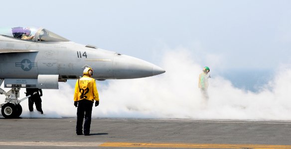 US Navy 100606-N-4236E-266 An F-A-18E Super Hornet assigned to the Pukin Dogs of Strike Fighter Squadron (VFA) 143 prepares to launch from the aircraft carrier USS Dwight D. Eisenhower (CVN 69)