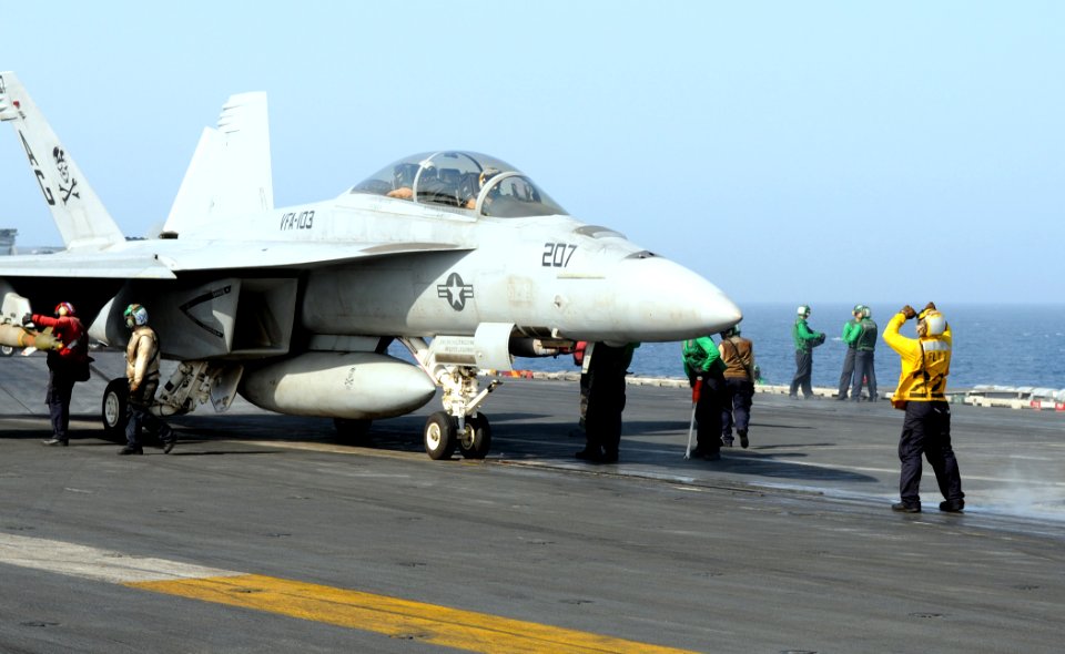 US Navy 100601-N-4236E-408 Sailors prepare an F-A-18F Super Hornet for launch from USS Dwight D. Eisenhower (CVN 69)
