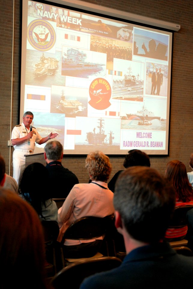 US Navy 100608-N-5208T-003 Rear Adm. Gerald R. Beaman peaks to veterans and employees at DRS Technologies about the Navy's slogan, A Global Force for Good