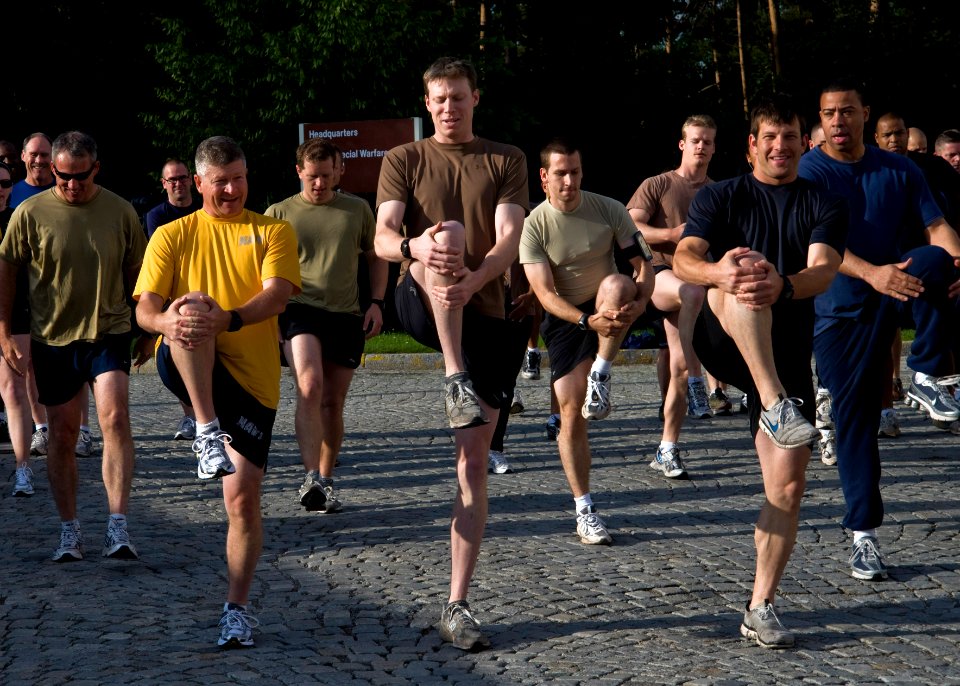 US Navy 100608-N-7526R-010 Master Chief Petty Officer of the Navy Rick West warms up for a run with members of (NSWU) 2 during a visit to United States Army Garrison Stuttgart
