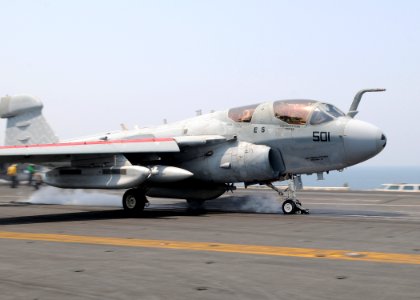 US Navy 100606-N-4236E-385 An EA-6B Prowler assigned to the Patriots of Electronic Attack Squadron (VAQ) 140 launches from the aircraft carrier USS Dwight D. Eisenhower (CVN 69)