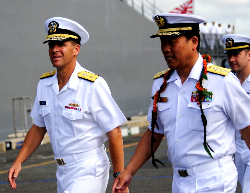 US Navy 100608-N-7498L-164 Rear Adm. Dixon Smith greets Rear Adm. Tomohisa Takei before boarding JS Kashima (TV 3508)