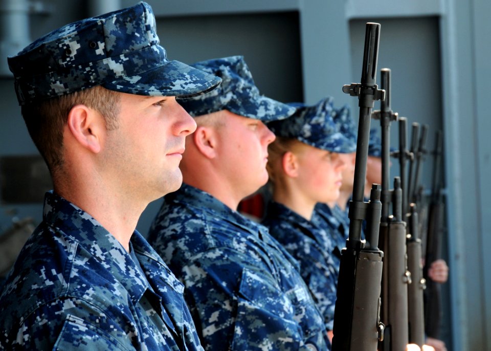 US Navy 100607-N-7908T-034 Weapons department Sailors aboard the aircraft carrier USS George H.W. Bush (CVN 77) rehearse for an upcoming burial at sea on one of the ship's elevators