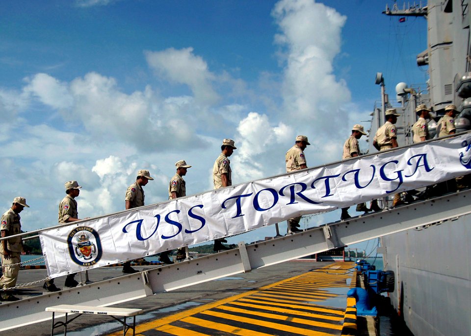 US Navy 100607-N-6770T-002 Royal Cambodian Marines embark aboard the amphibious dock landing ship USS Tortuga (LSD 46)