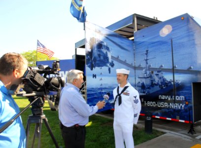 US Navy 100609-N-5208T-007 Builder 1st Class Michael Ludwig, assigned to Navy Operational Support Center Milwaukee, interviews with Gus Gnorski of FOX 6 TV news program, Wake Up News