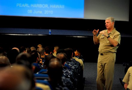 US Navy 100608-N-8273J-136 Chief of Naval Operations (CNO) Adm. Gary Roughead speaks to and answers question from Sailors during an all-hands call Joint Base Pearl Harbor-Hickam